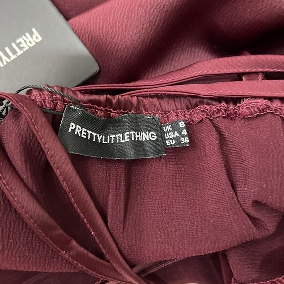 Pretty Little Thing Woman’s Dress Sz 4 Burgundy Strappy Corset Ruched Bodycon - Picture 10 of 12